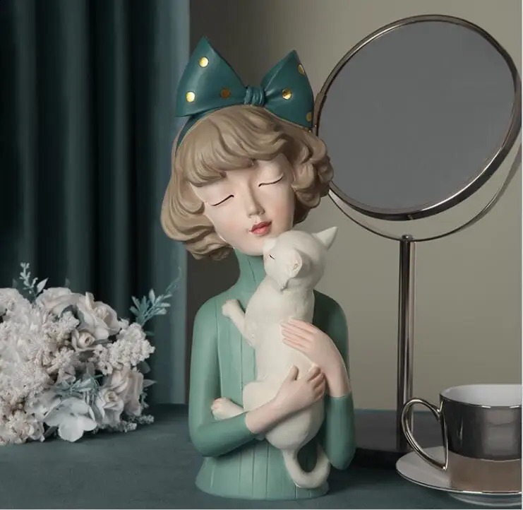 Simple and cute girl hugs dog and cat resin statue home accessories decoration craft coffee table sculpture birthday gift art 240731