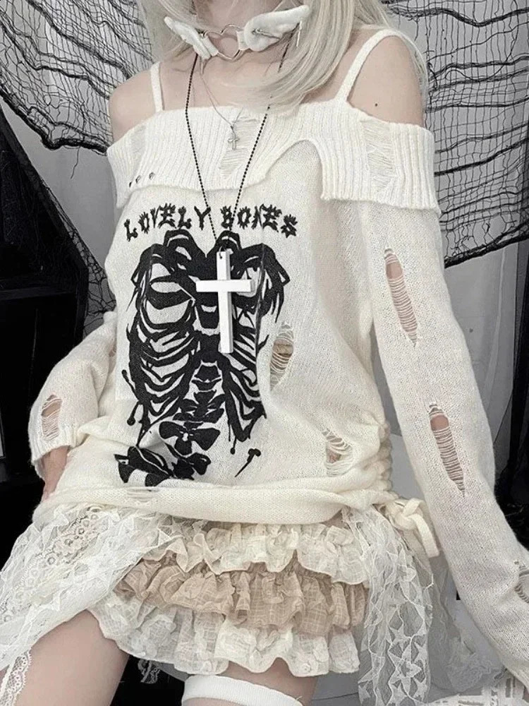 HOUZHOU Y2k Harajuku Gothic Knitted Pullovers Women Japanese Fashion Sexy Skull Off The Shoulder Punk Girls Hole Loose Sweater 240812