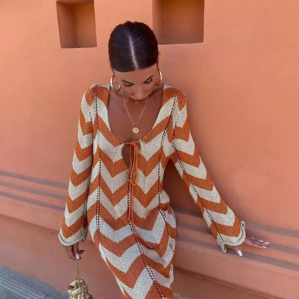 Wave Striped Knitted Dress Women Elegant Full Sleeve Slim Beach Holiday Dresses Fall Fashion Lace Up Hollow Out Maxi Dress 2024 240731