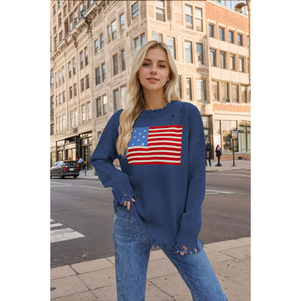 2024 Autumn/Winter New Temu Round Neck Flag Easter Independence Day Fashion Sweater for Women