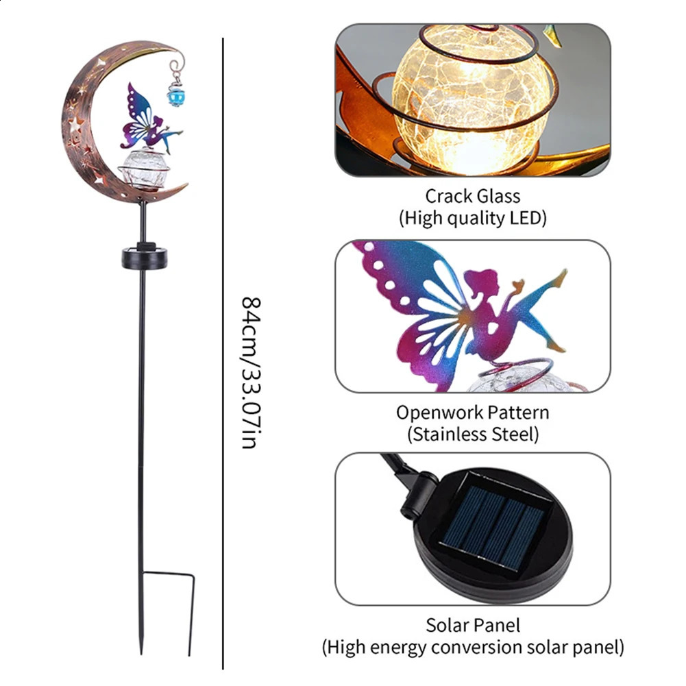 Moon Solar Light Waterproof Garden Decoration Lamp Iron Art Elf / Flower Fairy Lamp LED Glass Ball Garden Light for Outdoor Yard 240801
