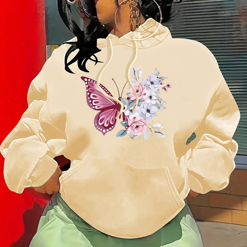 Autumn and Winter New Butterfly Letter Fashion Printed Back Collar with Velvet Hoodie Women's Clothing F8.1#30