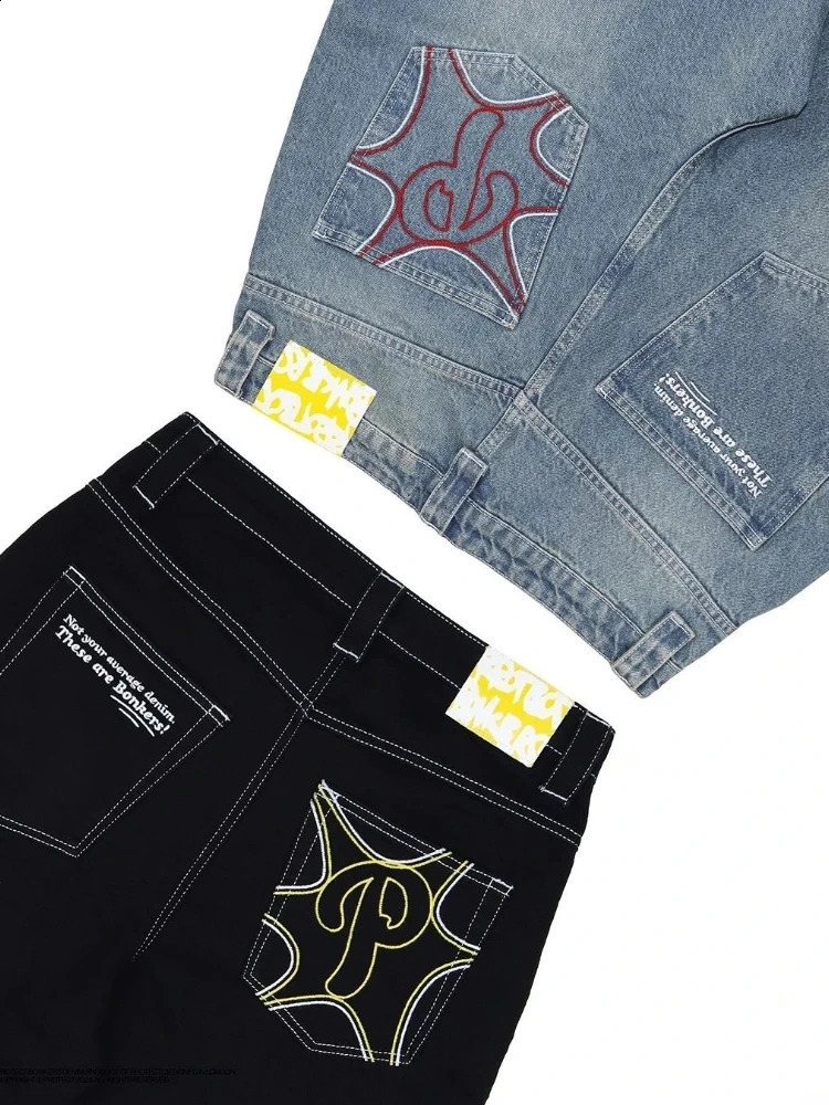 Street Y2k Black Jeans Retro Embroidery Straight Baggy Harajuku Hip Hop Fashion Gothic Ripped Large High Waist Denim Pants 240722