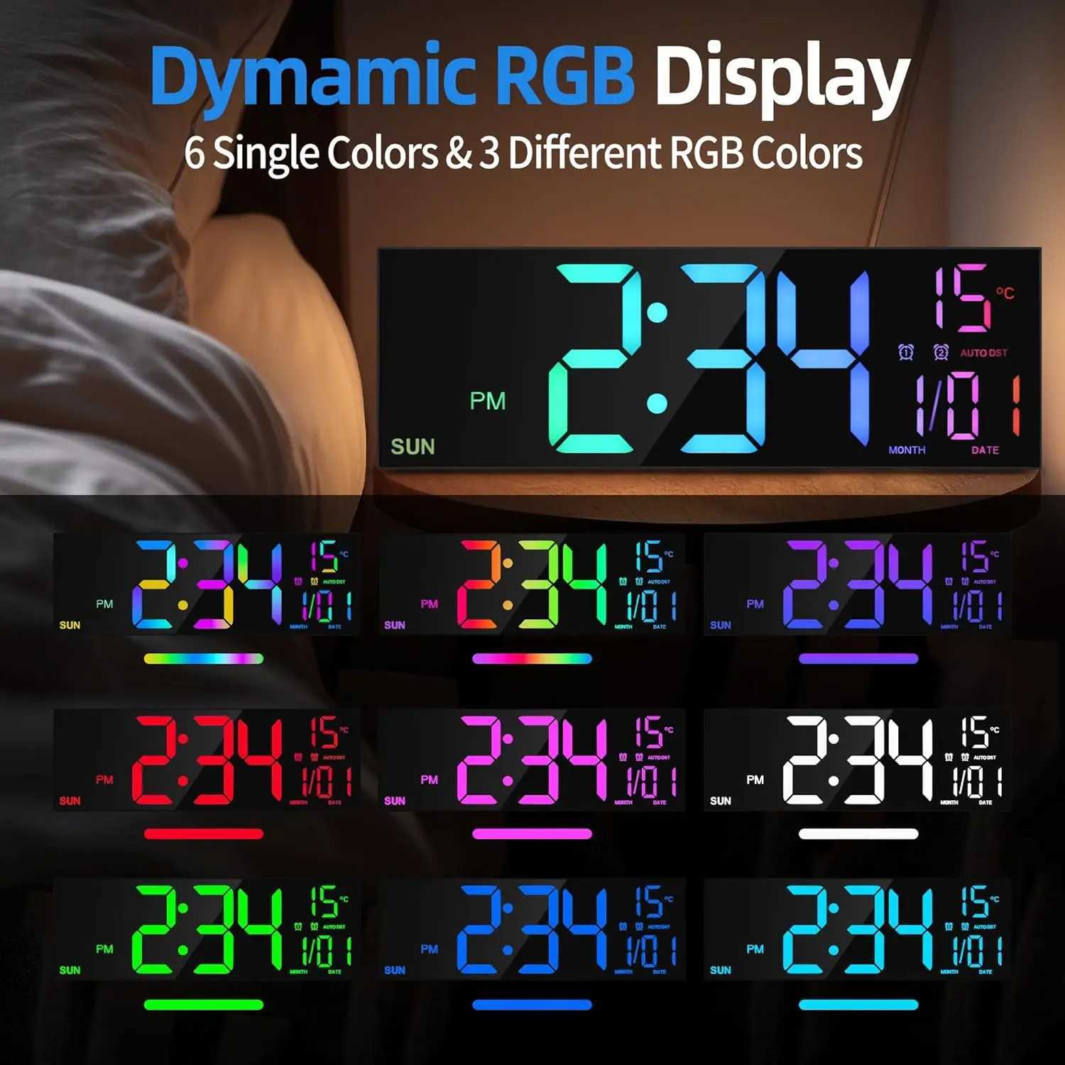 16.2 Large Digital Wall Clock with Remote Control Big LED/Dual Alarm/8 RGB Colors Digital Alarm Clock Electronic WatchM240731