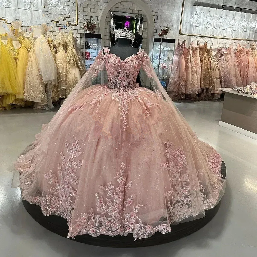 Pink Princess Quinceanera Dresses with Cape Applique Lace-up Corset Cinderella Prom Birthday Sweet 16 Dress Sweetheart Red Floral Ball Gowns