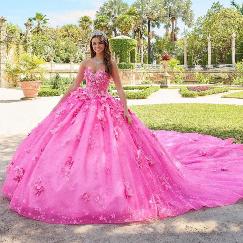 Luxury Pink Shiny Ball Gown Quinceanera Dresses Off Shoulder Appliques Handmade Flowers Beads Tull Corset Vestido De 15 Anos Sweet 16