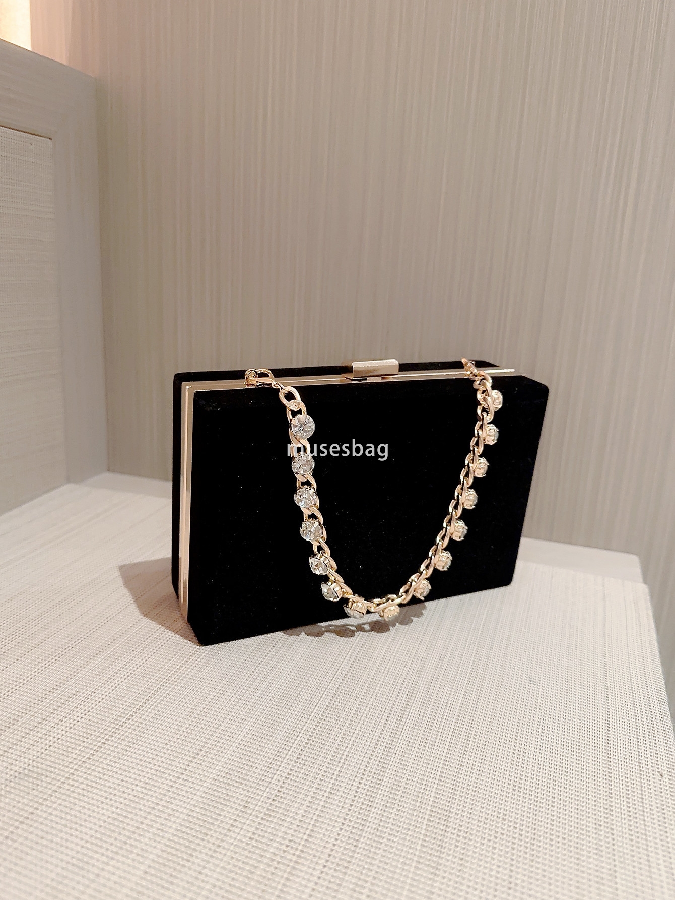 French vintage black velvet bag rhinestone chain handbag Hand handbag Socialite square bag Dinner bag dress bag