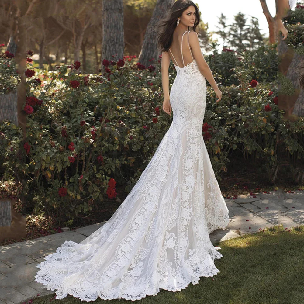 Princess Mermaid Wedding Dresses Floral Spaghetti Straps Appliques Backless Floor Length Bridal Gown Robe De Mariee Custom Made