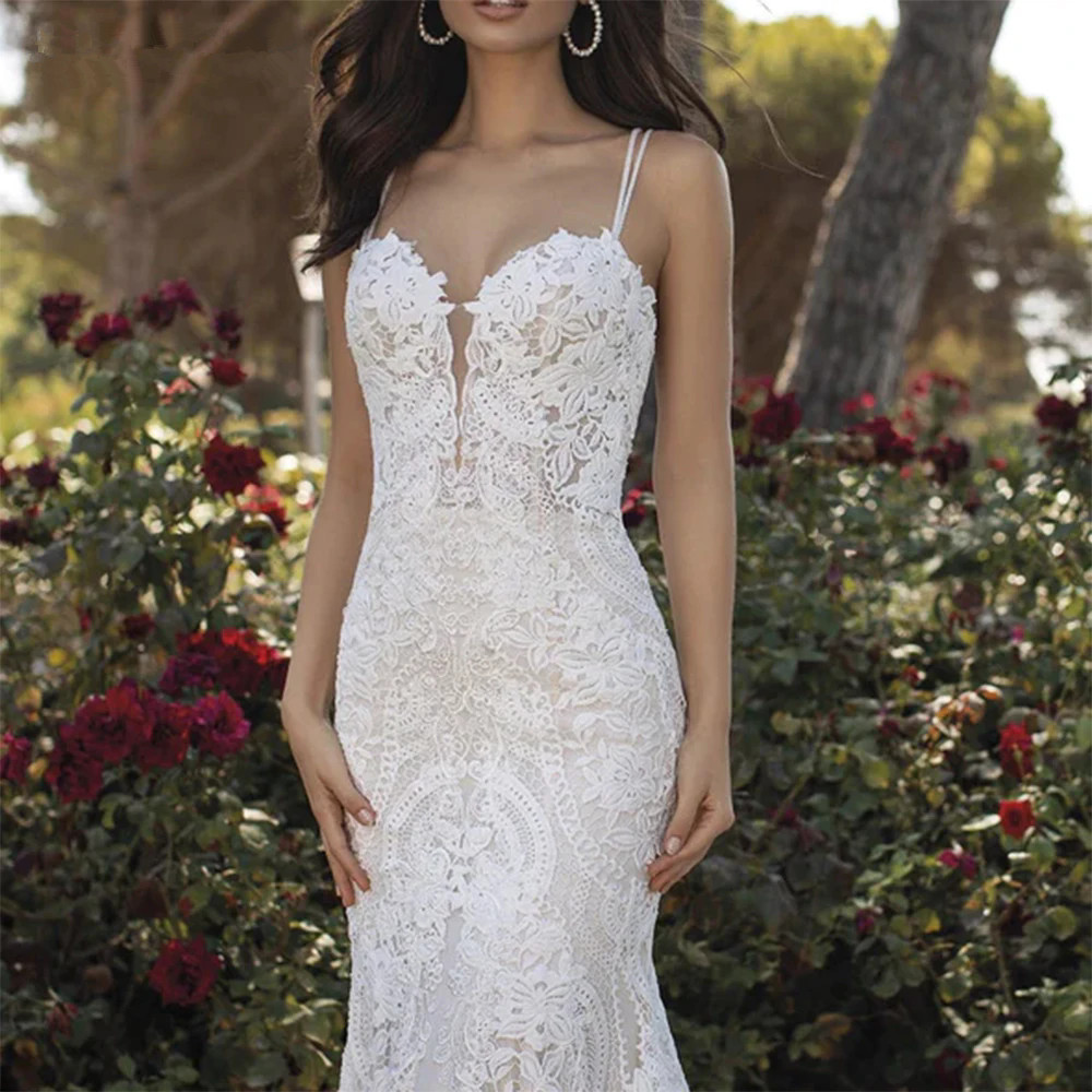 Princess Mermaid Wedding Dresses Floral Spaghetti Straps Appliques Backless Floor Length Bridal Gown Robe De Mariee Custom Made