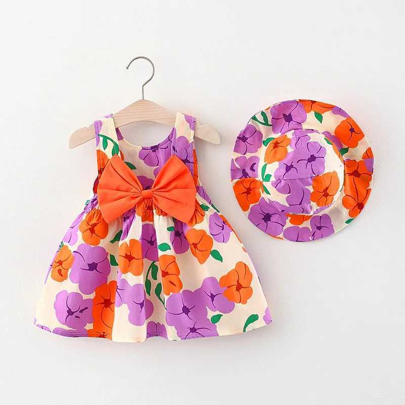 Summer Baby Girl Dress Flower Print Bow Princess Party Dress Hat Girl Outfits Children Clothes Set Toddler Infant Newborn DressY240809