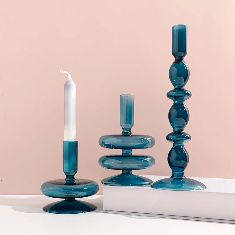 Deep Blue Green Glass Candle Holder Table Bookshelf Home Decoration Tapered Candle Holder Banquet Party Wedding Decoration 240801