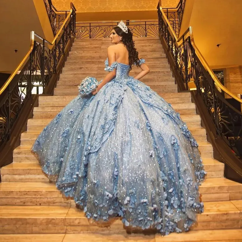 Sky Blue Quinceanera Prom Dresses 3D Flowers Sequin Sweet 15 Party Gowns Sparking Bead Ball Gown Junior Girls Pageant Dress Sweet 16 Party Gowns