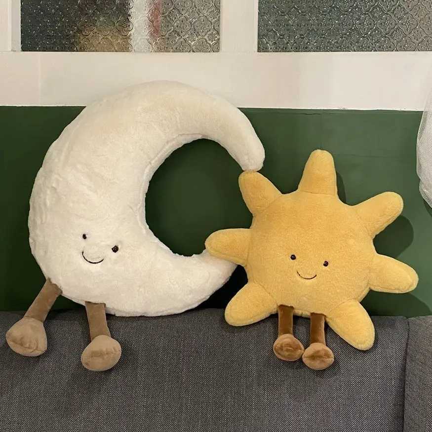 Adorable Smile Face White Moon Yellow Sun Plushie Stuffed Cute Cartoon Weather Plush Toy for Kid Bedroom Decor Sofa Throw Pillow Y240801