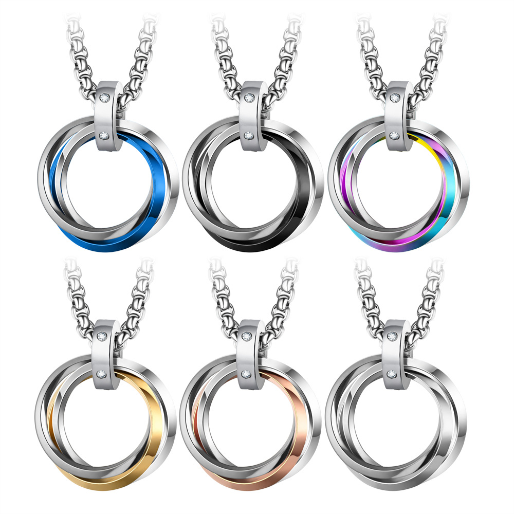 Hip Hop Stainless Steel 3 Circle Rings Pendent Necklace for Men Women Cool Real Gold Plated Black Silver Men Fashion Necklaces Wholesale Fashion Jewel