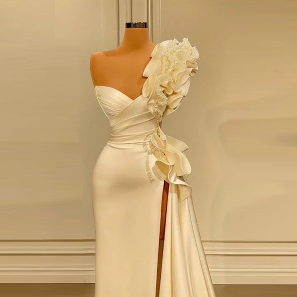 Modest beach Boho Mermaid Dress Strapless Sleeveless Stain Hand Made wers Split Front Wedding Dresse
