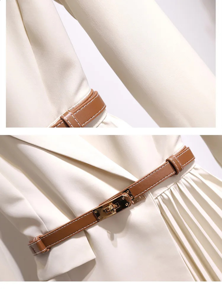 Vintage Pleated Belt Patchwork One Piece Blazer Dress Women Elegant Office Ladies Long Sleeve Notched Female Autumn Midi Vestido 240801