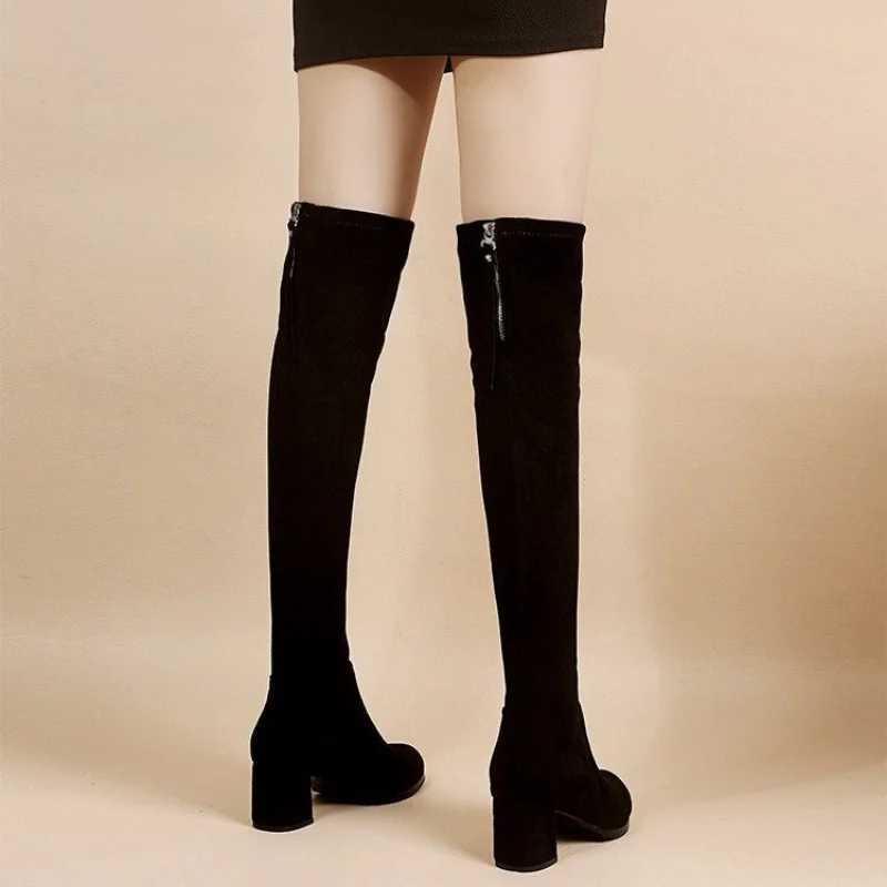 High Quality artificial suede Fem autumn zipper elastic knee high boots suitable for lace thick Gigh boots black Botas unprinted products T241206