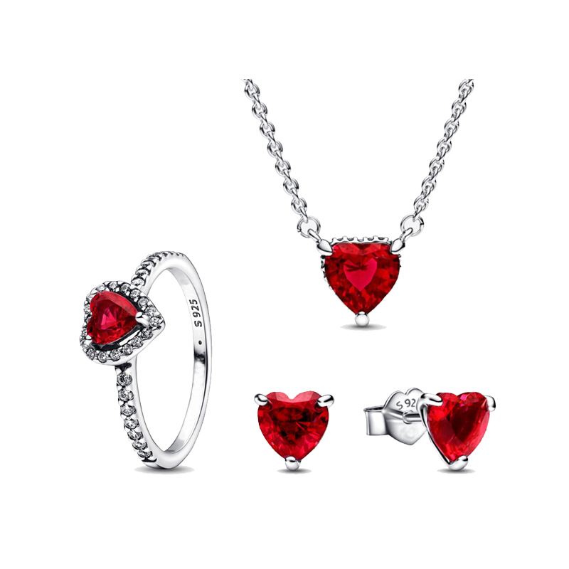 925 Sterling Silver Ring Necklace Stud Earrings Red Shine Heart Jewelry Set For Women Valentine's Day Gift