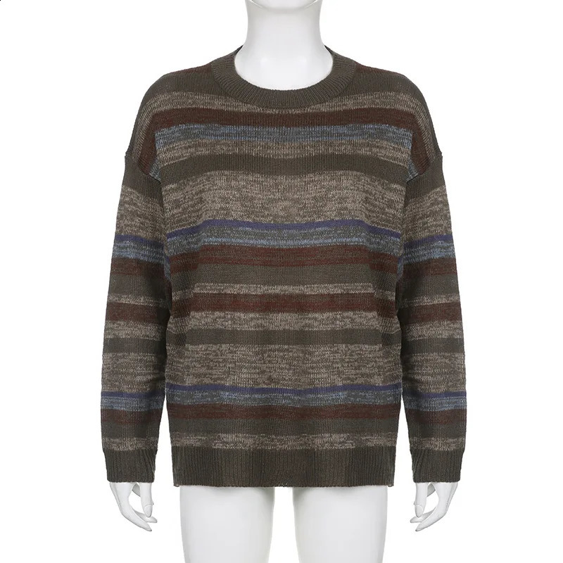 Imcute Women Y2K Argyle Striped Pullover Sweater Casual Long Sleeve Round Neck Vintage Preppy Style Pullover Knitwear 240812