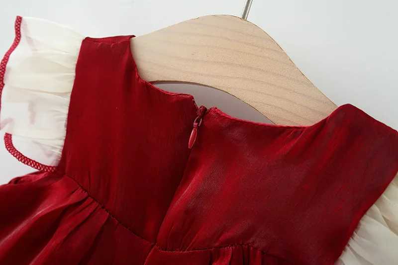 New Years Dress Girls Summer Dress Solid Red Flying Sleeves Bow Twilight Cloud Princess Dress Suitable for 0-3 Year Old Babies X250220