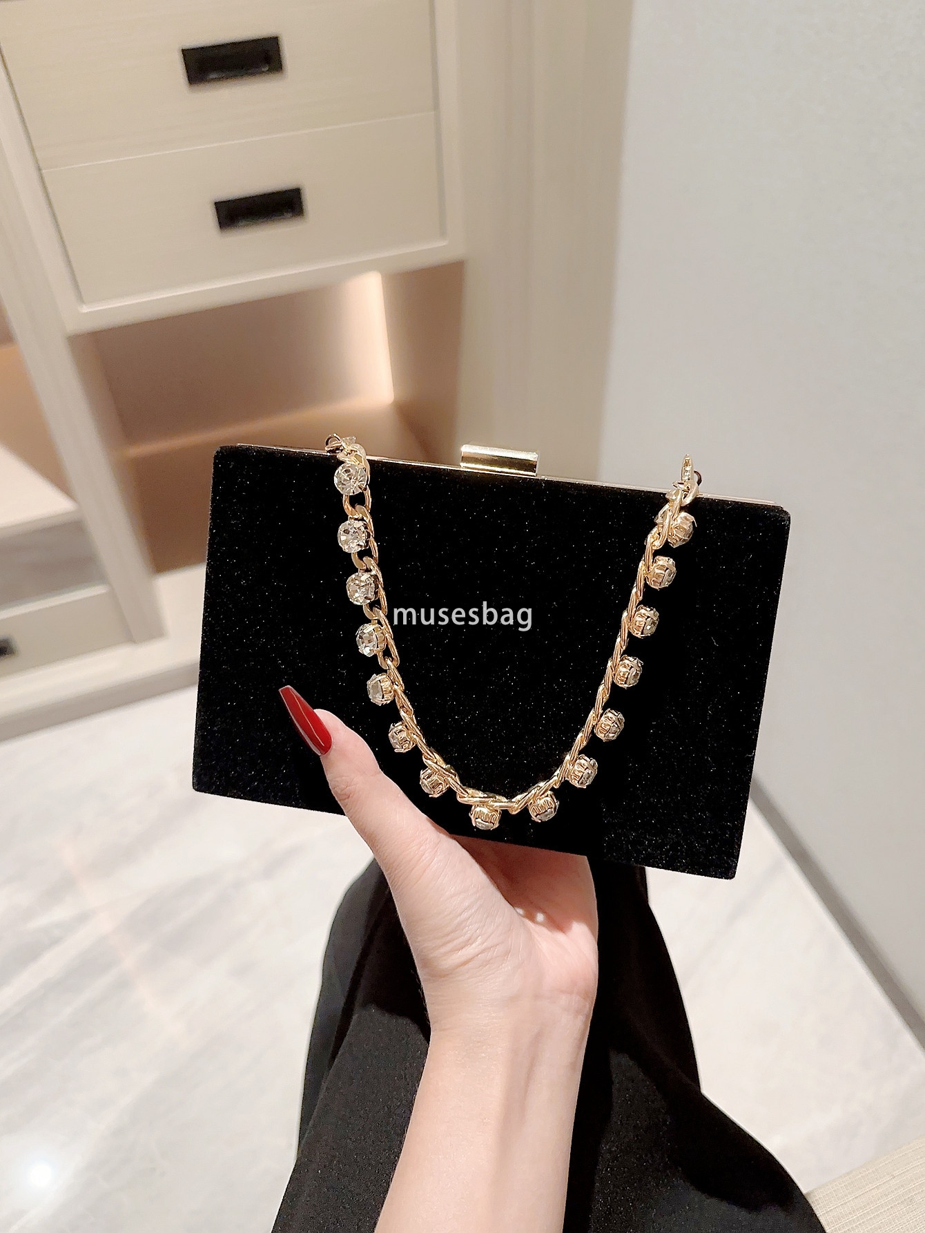 French vintage black velvet bag rhinestone chain handbag Hand handbag Socialite square bag Dinner bag dress bag