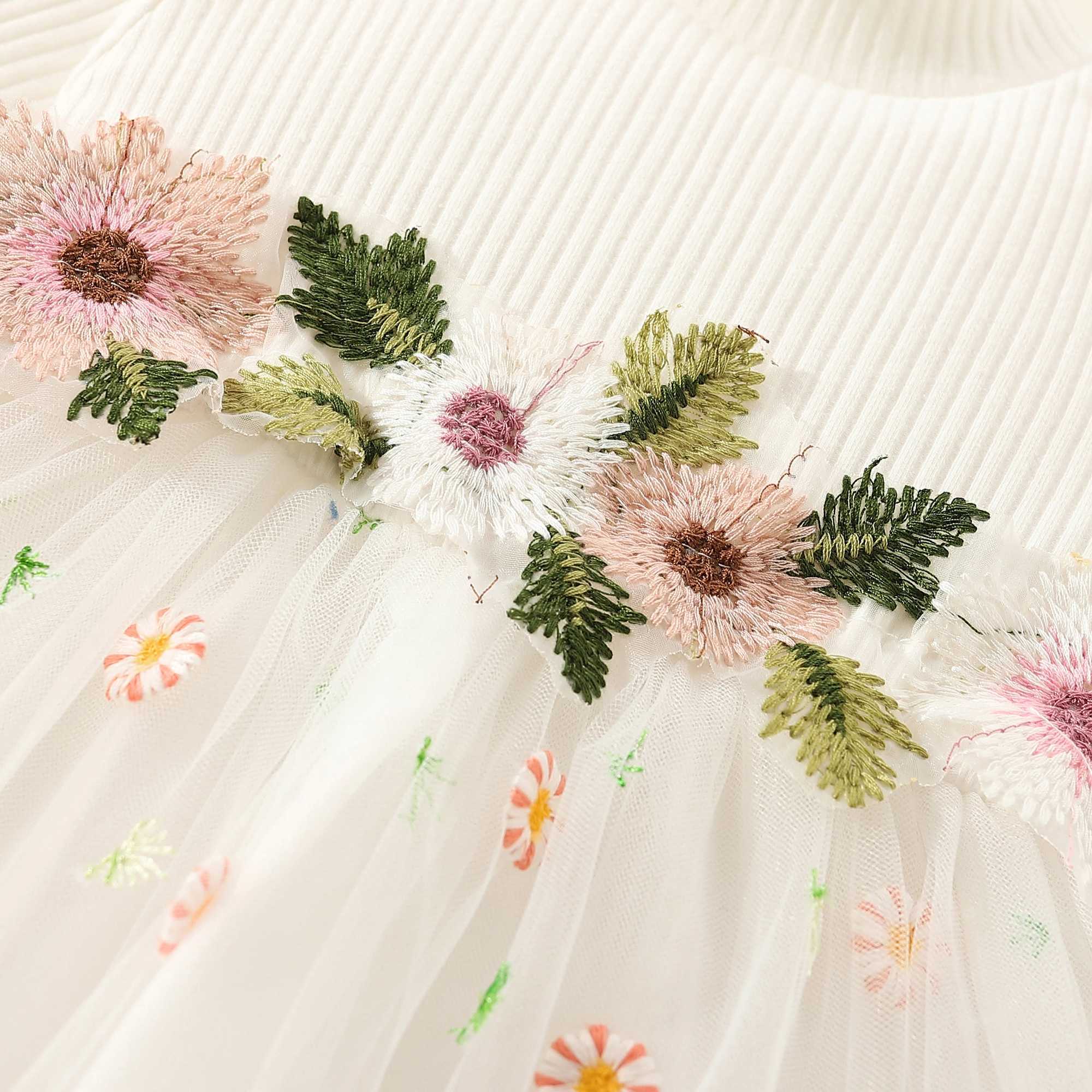 Infant Baby Girls Long Sleeves Round Neck Flower Embroidery Tulle Splicing Dress Toddler Clothes X250220