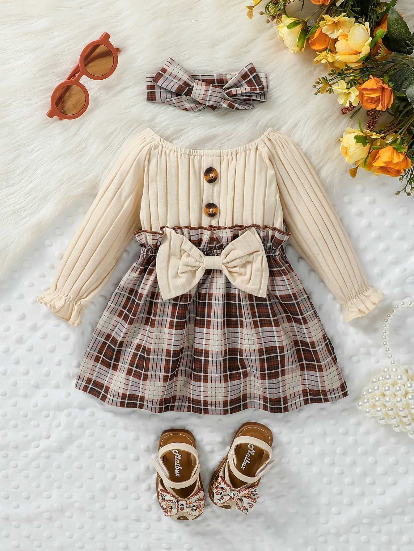 2024 New Baby Girl Autumn Long Sleeve Butterfly Bow Grid Fashion Cute Dress X250220