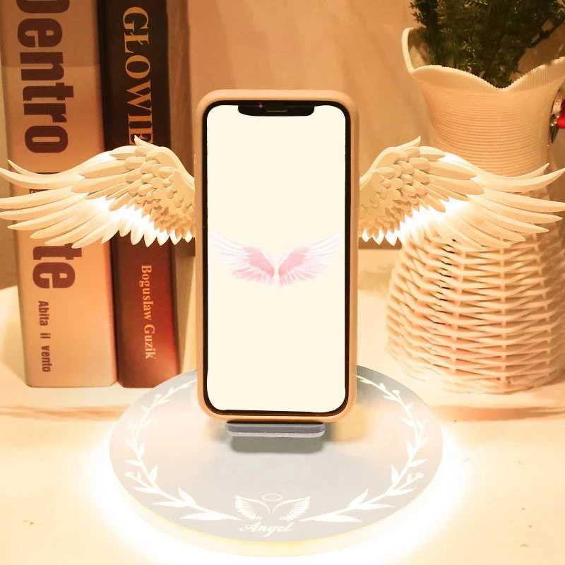 10W LED Angel Wings Pink Phone Charger Universal Fast Charging Wireless Charger for iPhone Huawei Samsung Phone Girls GiftM240731