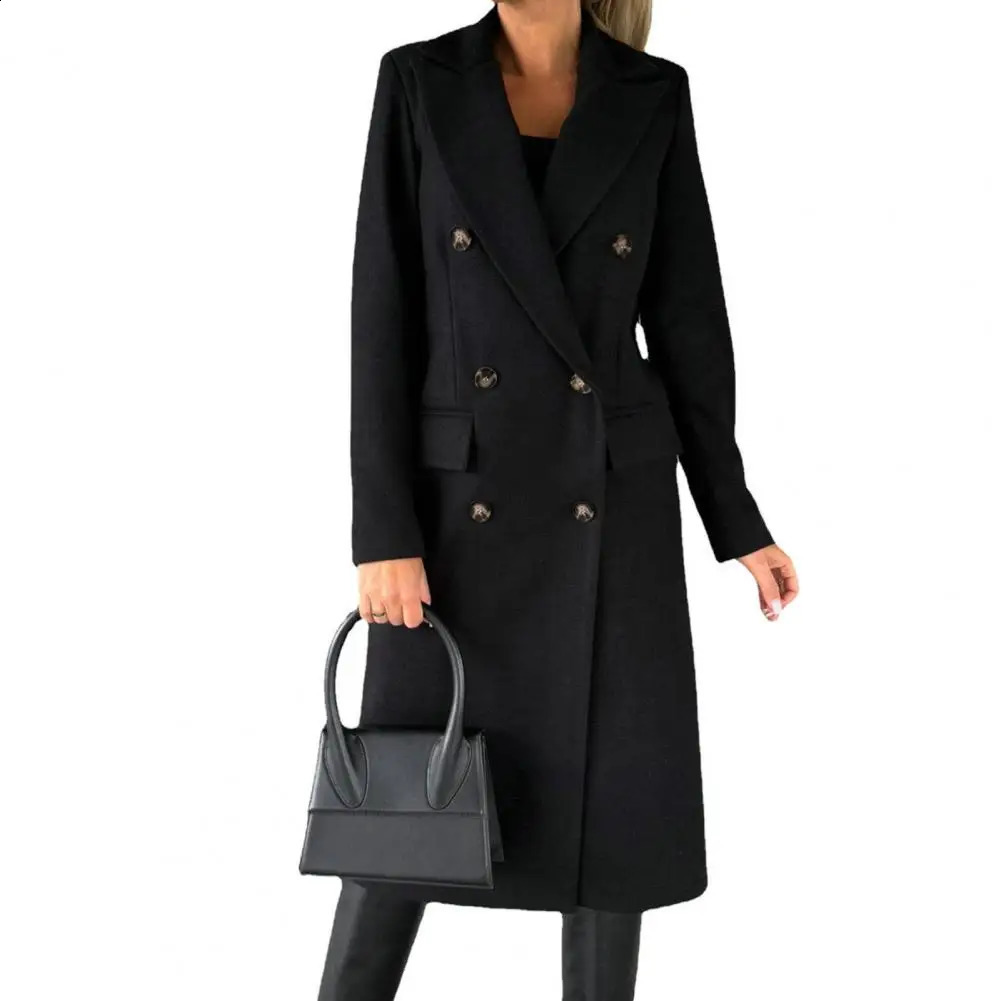 Women Long Jacket Slim Fit Double Breasted Solid Color Woolen Coat Autumn Winter Turndown Collar Outerwear Overcoat 240822