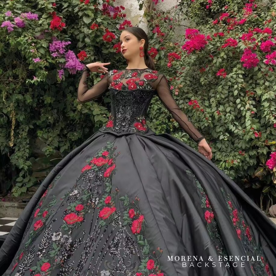 2025 Sparkly Black Mexican Charro Princess Quinceanera Dresses Long Sleeve ral Embroidery Sequin Corset vestidos de 15 quinceanera