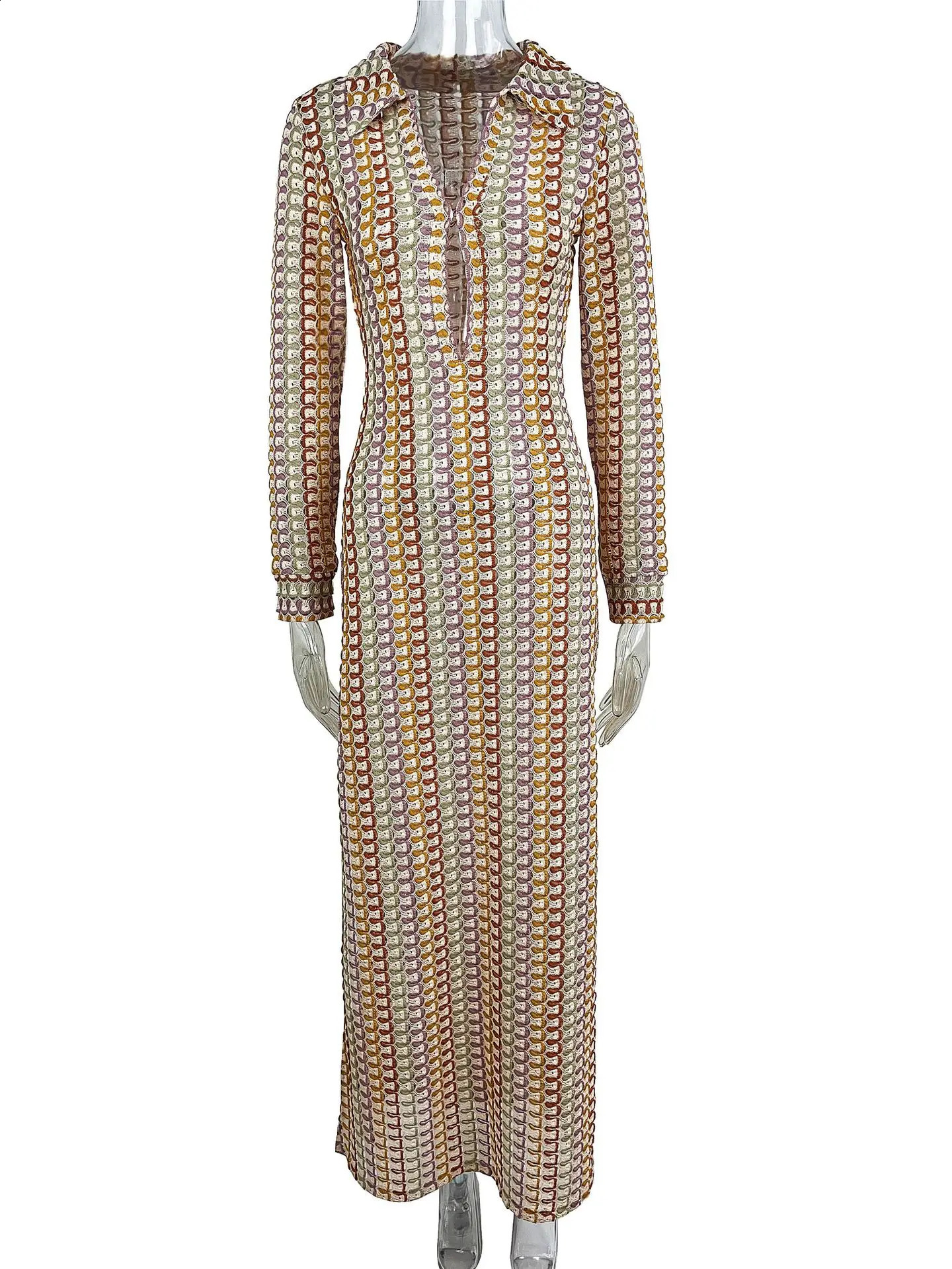 Colorful Knitted Beach Dress Women Fashion Hollow Out Slim Bohemia Dress Summer Elegant Long Sleeve Bikini Cover Up Dress 2024 240731