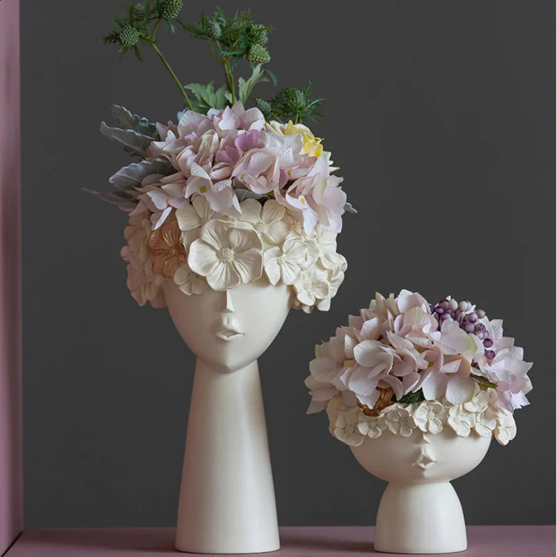 2 pieces of Nordic Mona Lisa human face vase resin character flowerpot set abstract portrait plant flower arrangement home decoration 240731