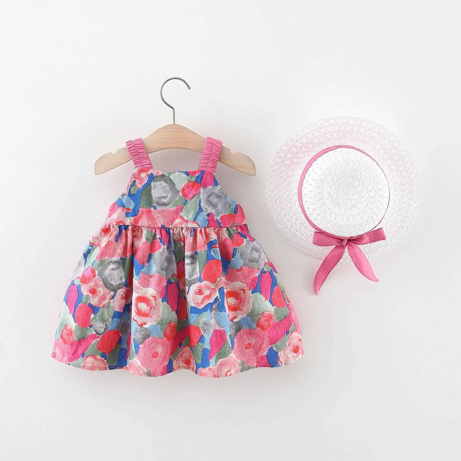 Girl's Dresses 2 Pcs Summer Baby Girl Dress Sweet Oil Painting Flower Big Bow Cotton Cloth Dress Gift Hat Suitable for 0-3 Years Old