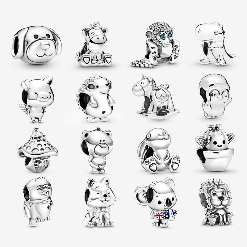 Silver Loose Beads For Jewelry Making Rabbit Monkey Mushroom Bear Animal Bracelet Men And Women Bangle 2024 Trend