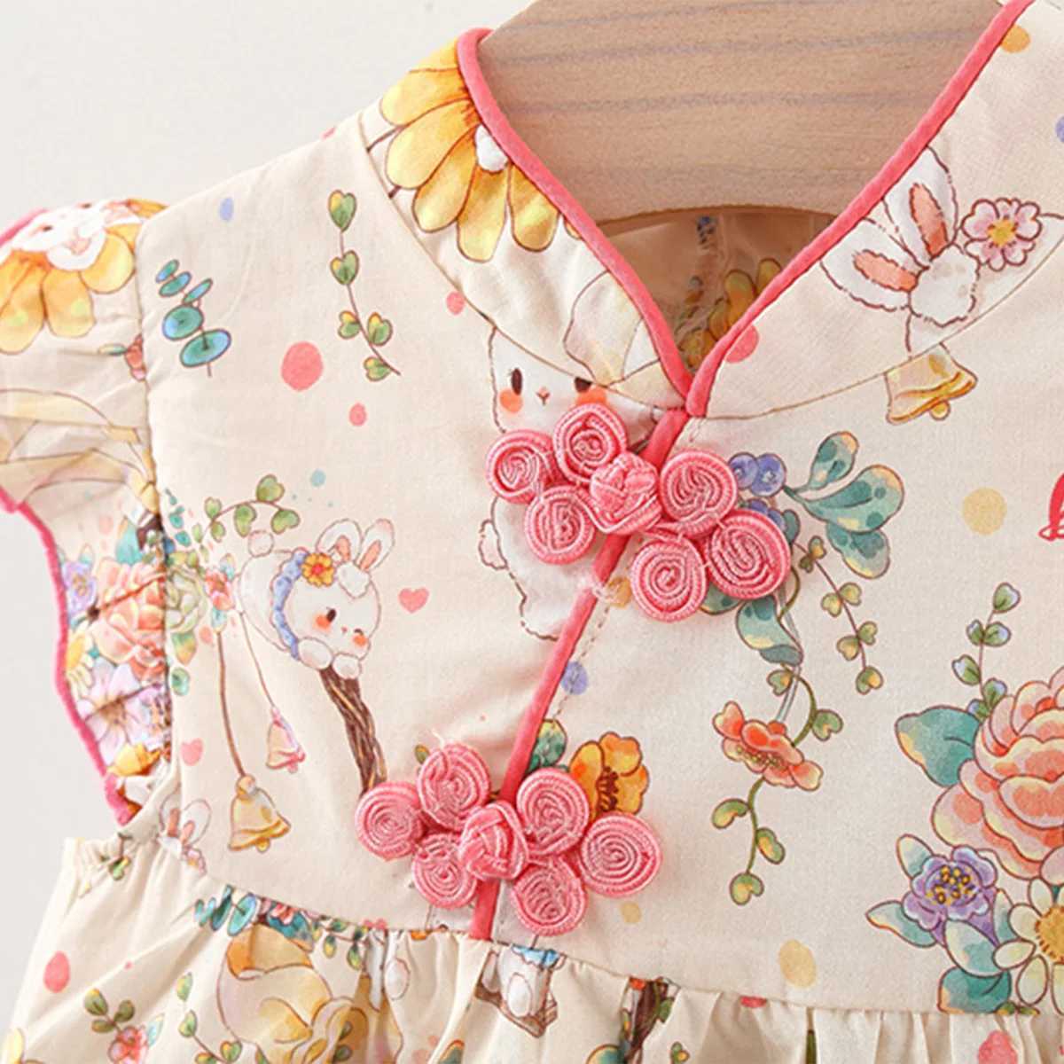 Summer Baby Girls New Dress Sweet Little Rabbit Printed Fly Sleeves Suitable for Chinese Style Qipao for Children Aged 80-120 X250220