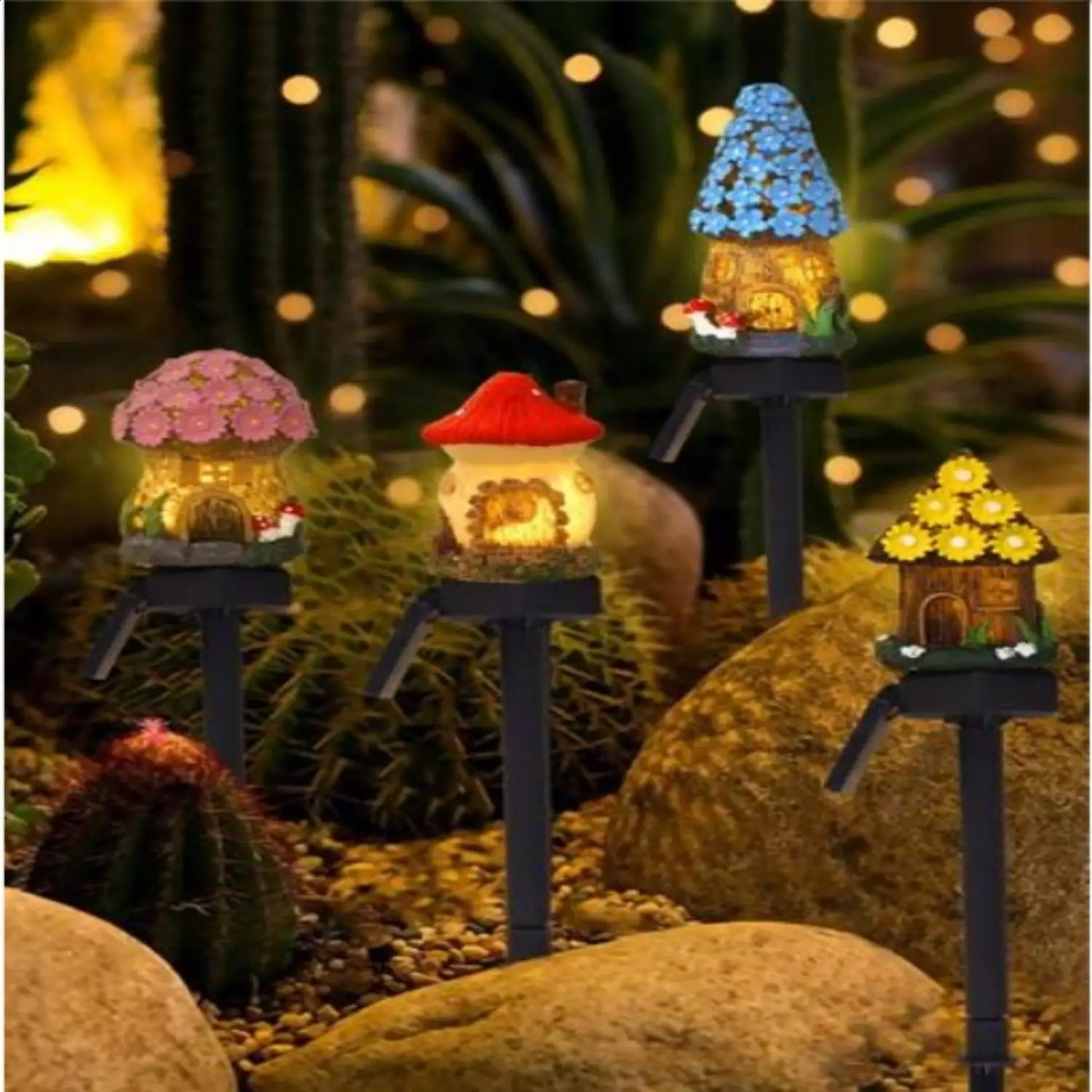 1pc creative solar resin mushroom house light waterproof small house LED floor plug light for outdoor garden lawn decoration 240801