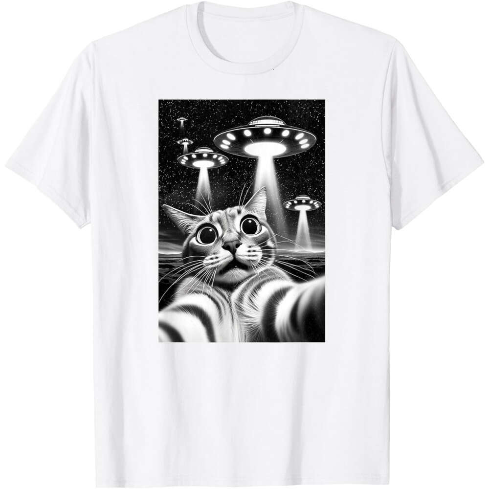 T shirt Mens Funny Invasion Meme Retro Alien Cat UFO Selfie T-Shirt shirts tshirt graphic tee Casual tops summer clothes Short sleeve Free shipping