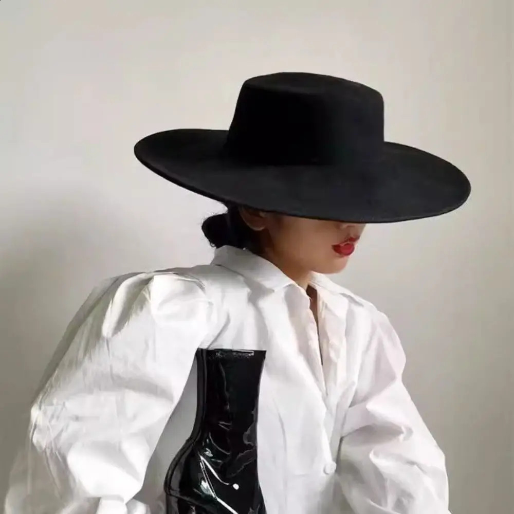 1PC Women Elegant Flatcap Wide Brim Felt Hat Flat-top Panama Retro Church Derby Cap French Hepburn Style Dame Hat 240731