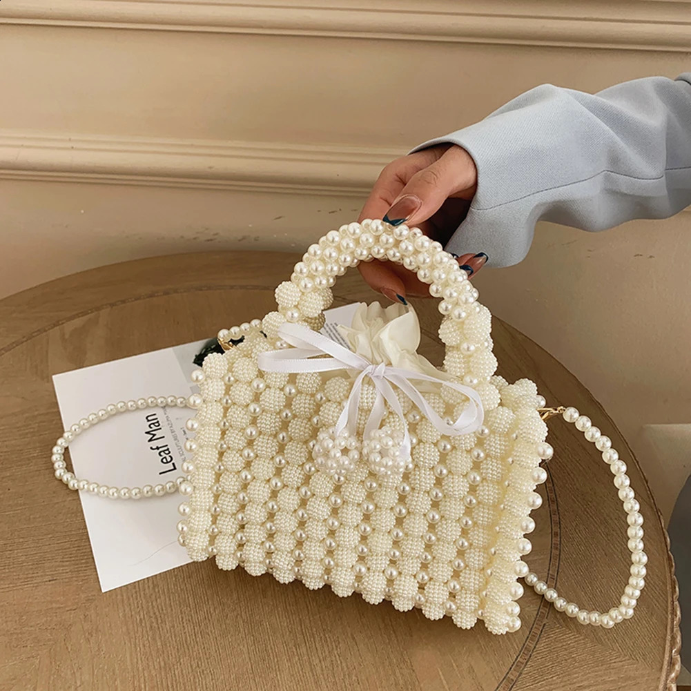 Korean Handmade Beaded Pearl Bag Woven Small Coin Phone Purses Shoulder Female Evening Clutch Crossbody Tote Bags 240731