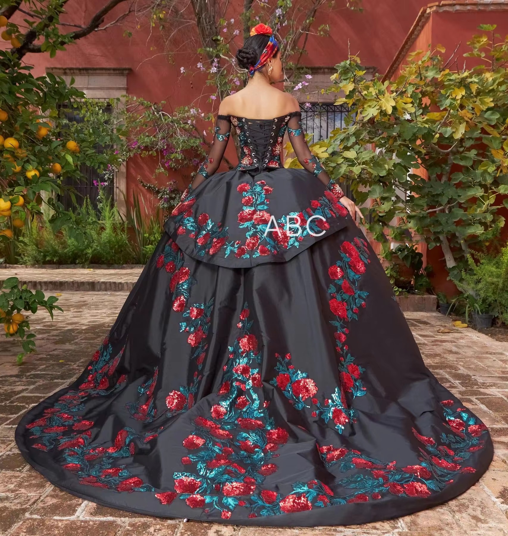Charro Black Quinceanera Ball Gown Long Sleeves Tulle Appliques Pearls Puffy Mexican Sweet Dresses Anos