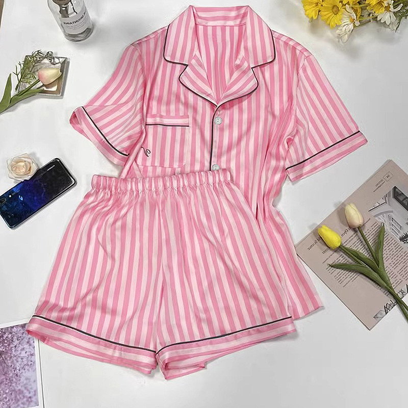 Same Style As Star Loungewear Women Pink Stripe Short Sleeved Pamas Thin Flip Collar Outerwear Classic Sleepwear Leisure Set