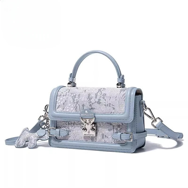 Fresh Womens Bag Highend Blue Embroidered Commuting OL Handbags Single Shoulder Crossbody TopHandle Square Bags 240731