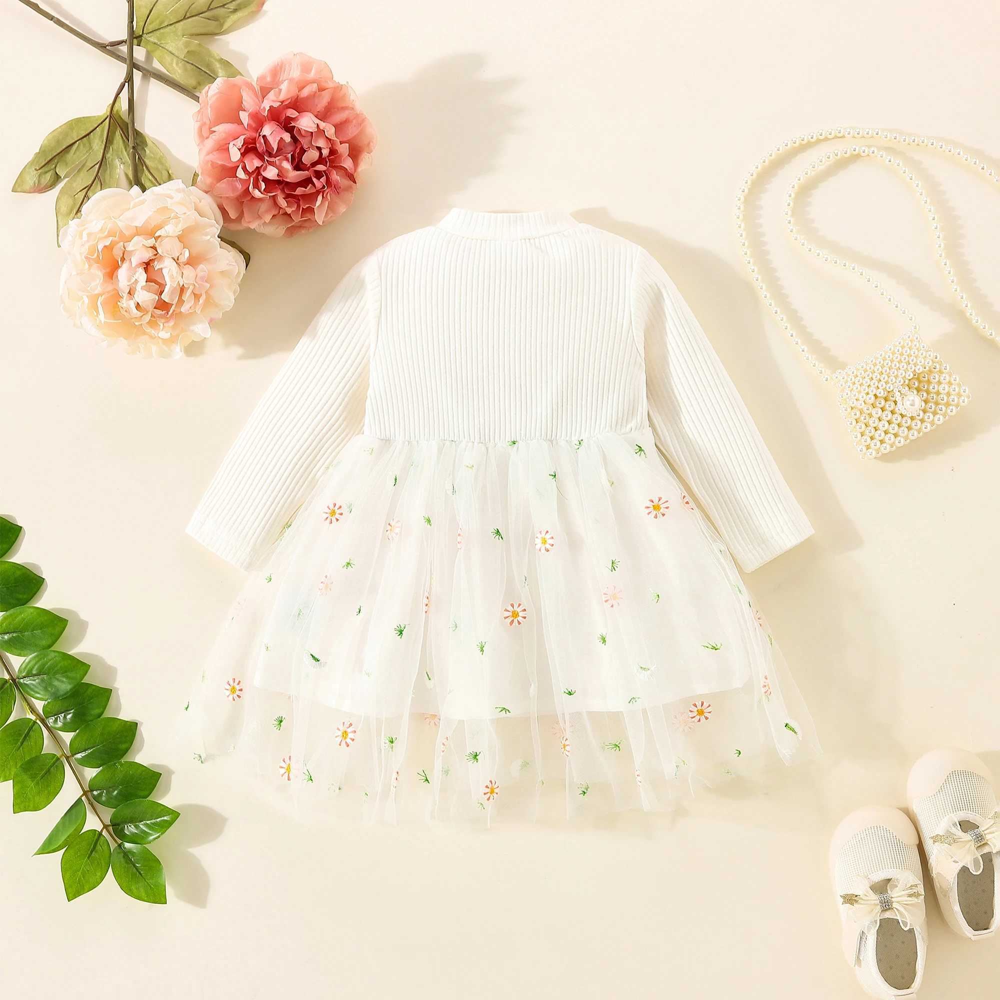 Infant Baby Girls Long Sleeves Round Neck Flower Embroidery Tulle Splicing Dress Toddler Clothes X250220