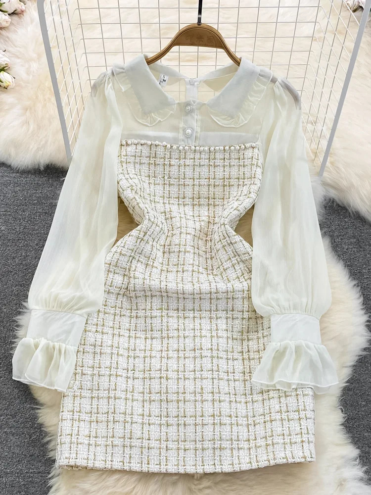 Korean Fashion Women Woolen Tweed Dress Autumn Winter Plaid Tweed Patchwork Chiffon Long Sleeve A Line Elegant Short Dress 240801