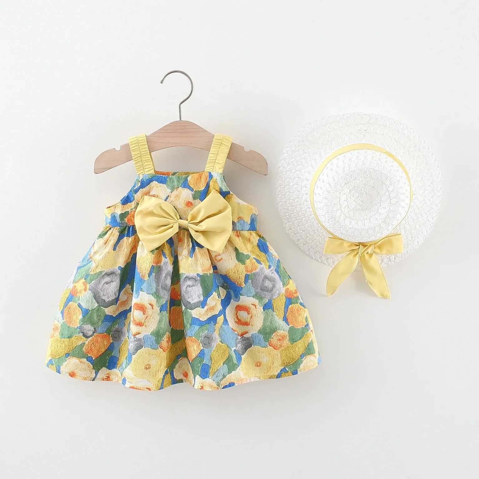 Girl's Dresses 2 Pcs Summer Baby Girl Dress Sweet Oil Painting Flower Big Bow Cotton Cloth Dress Gift Hat Suitable for 0-3 Years Old