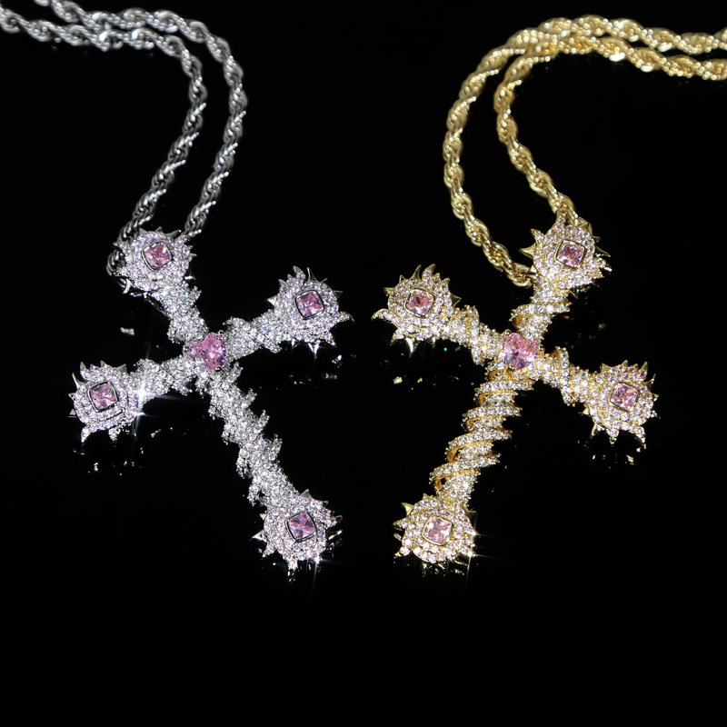 Hip Hop Pink Ziron Cross Pendant Necklace White Gold Plated Lover Couple Religious Jewelry Gift