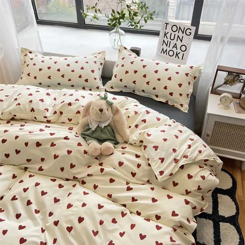 Romantic cherry heart-shaped down duvet cover set flat bed sheet pillowcase fashionable new double full flower summer spring bedding set W240801