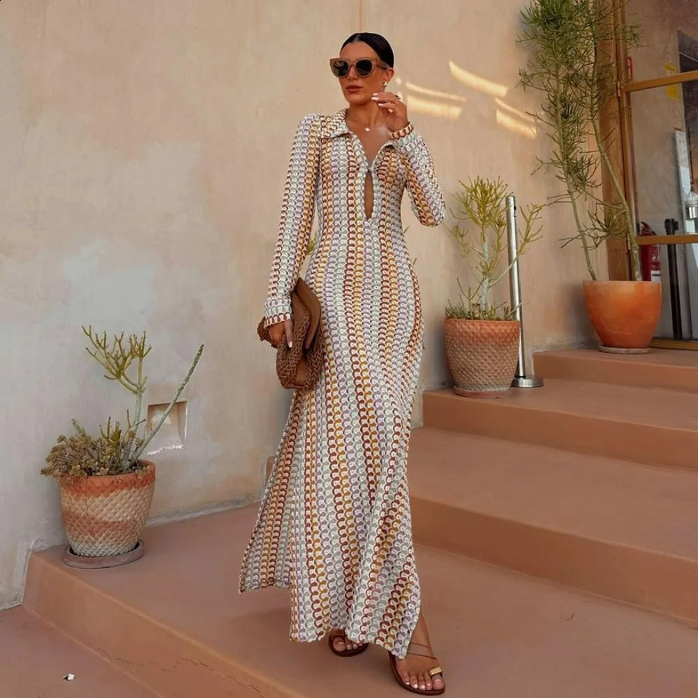 Colorful Knitted Beach Dress Women Fashion Hollow Out Slim Bohemia Dress Summer Elegant Long Sleeve Bikini Cover Up Dress 2024 240731