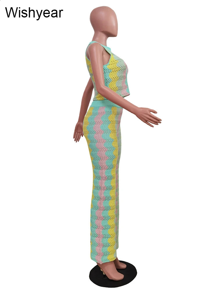 Fashion Rainbow Stripe Knit Ribbed Outfit Women Sleeveless Tank Cargo Top and Flared Pants Two 2 Piece Set Streetwear Tracksuit 240813