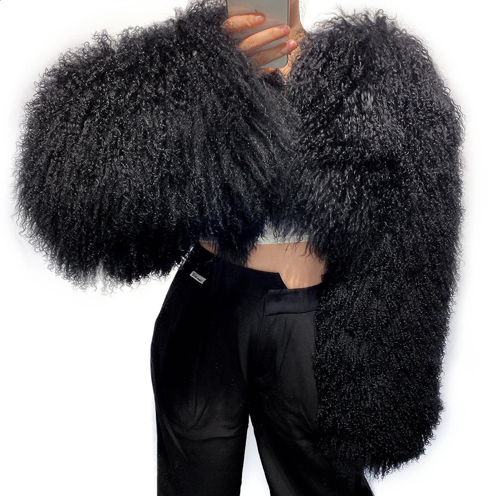 YOLOAgain Plus Size 8XL Womens Real Mongolia Sheep Fur Jacket Cropped Jacket Streetwear 240823
